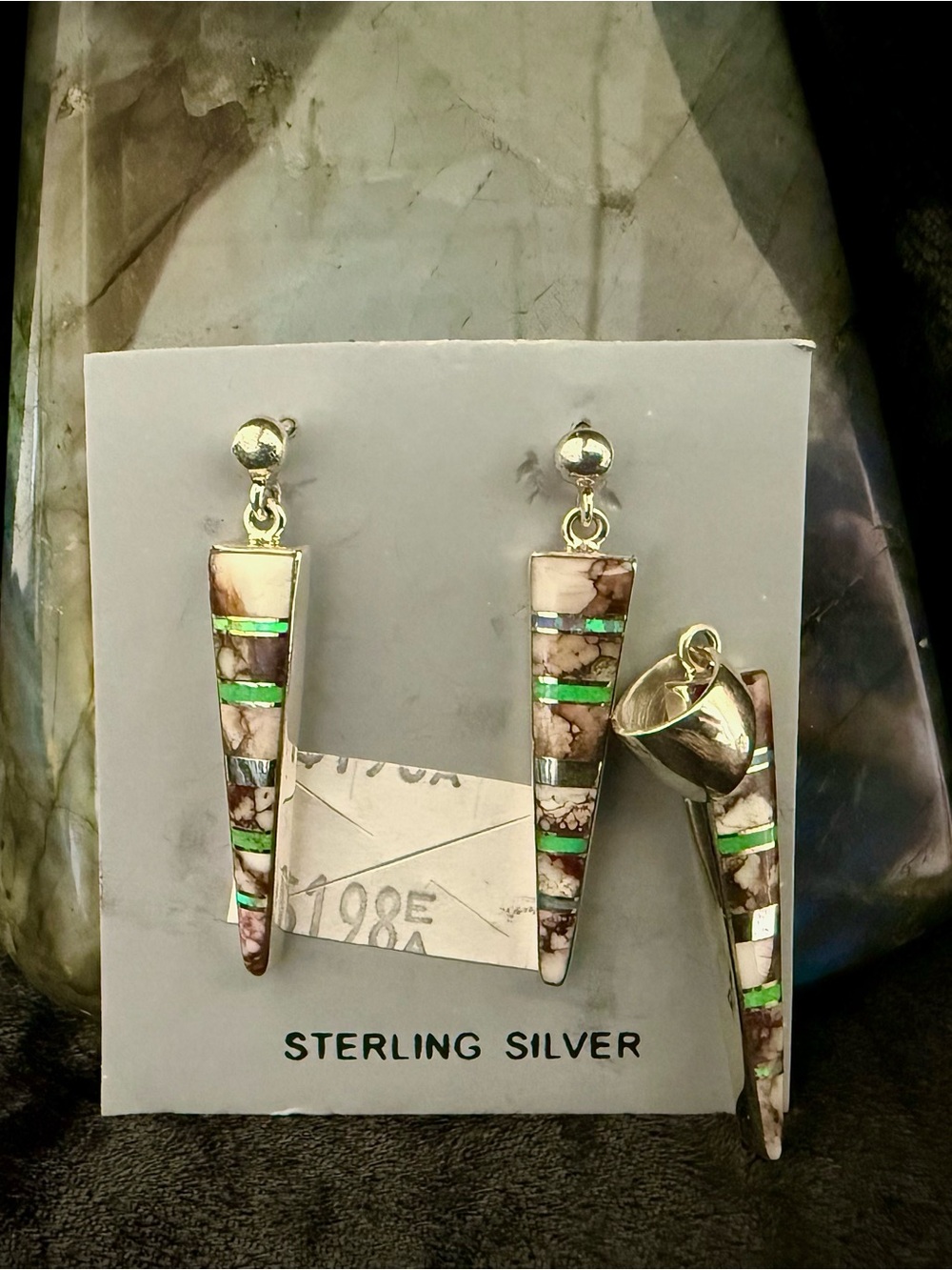 Sterling Silver Native styled Cone Drop Earrings with Green Opal Inlay Accents